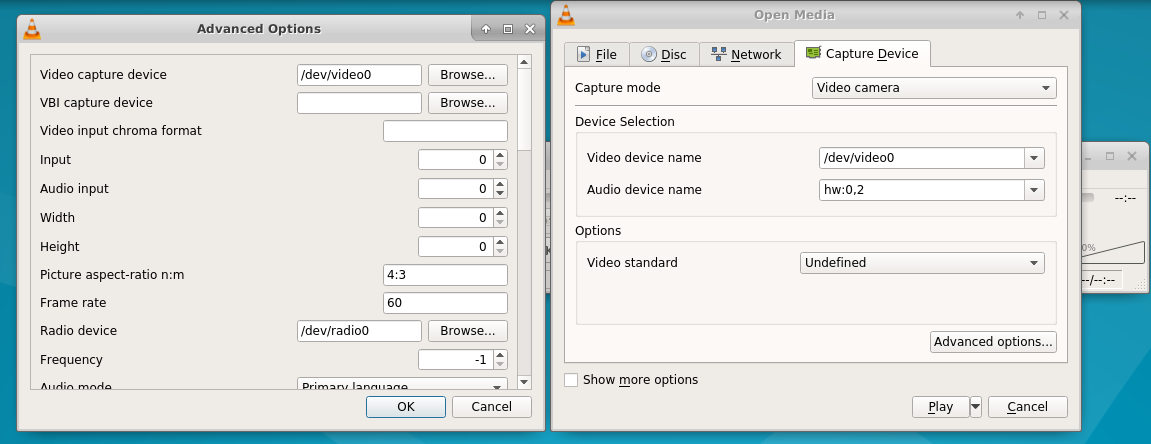 screenshot of vlc with /dev/video0, hw:0,2 and audio
input=0