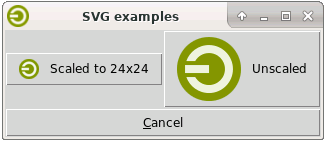 Screenshot of tkinter window with svgs
rendered as the images on buttons, one scaled and one
unscaled.