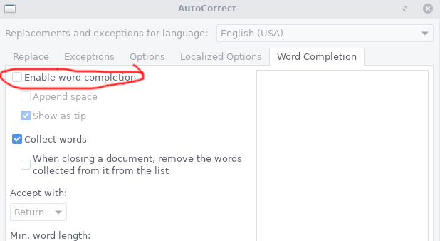 Screenshot of AutoCorrect window on Word Completion tab with "Enable word
completion" highlighted with a hand-drawn
circle