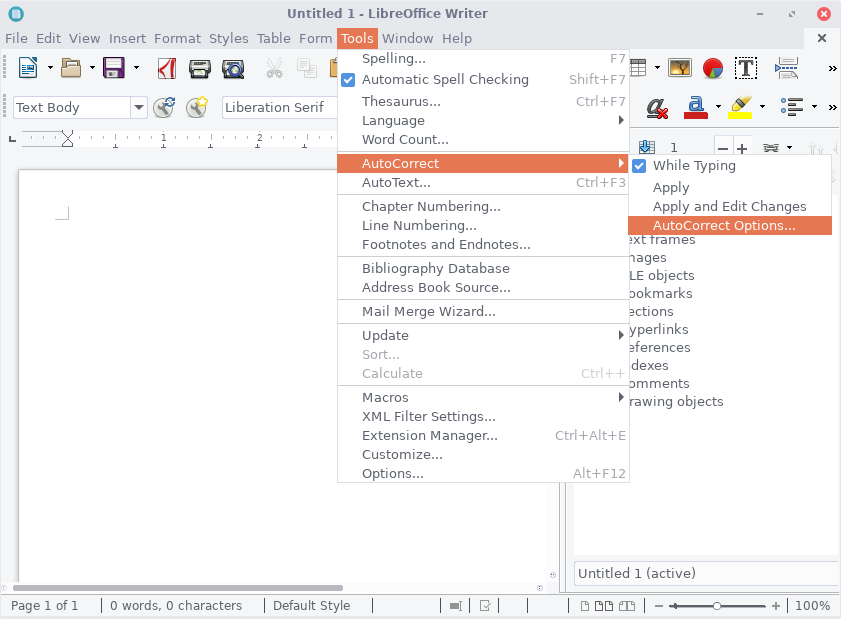 Screenshot of LibreOffice Writer menu showing location of Tools,
Autocorrect, Autocorrect
options