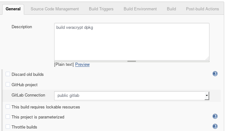 Screenshot of jenkins project showing General settings, Gitlab
connection