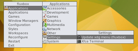 screenshot showing "Update xdg menu (fluxbox)" menu
entry