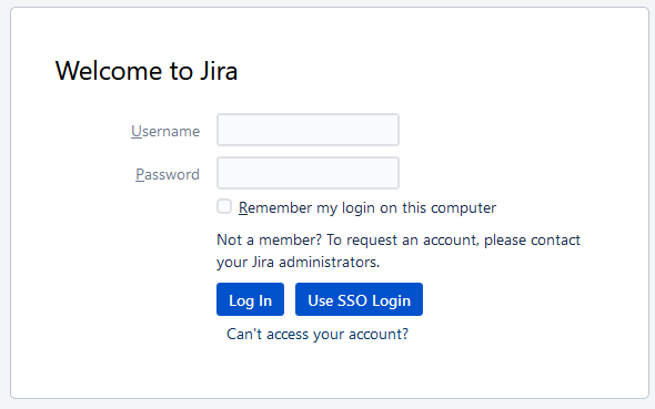 jira login form for manual entry, with additional "Use SSO Login"
button