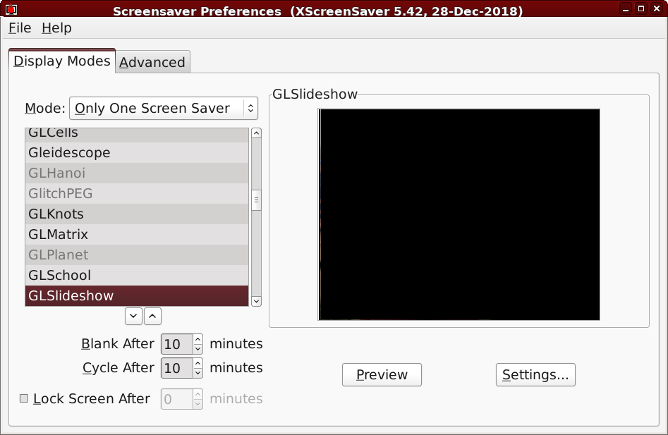 Xscreensaver settings on main tab showing GLSlideshow
selected