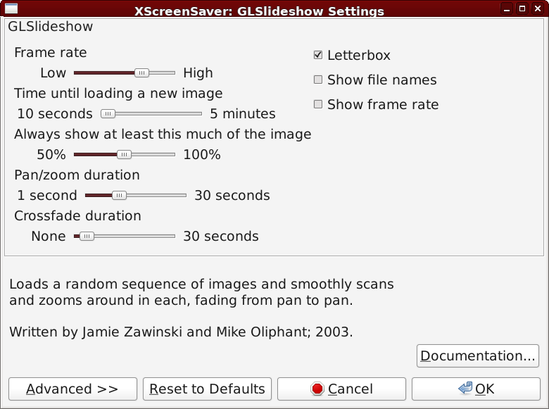 Xscreensaver GLSlideshow settings page
showing sliders with useful
settings