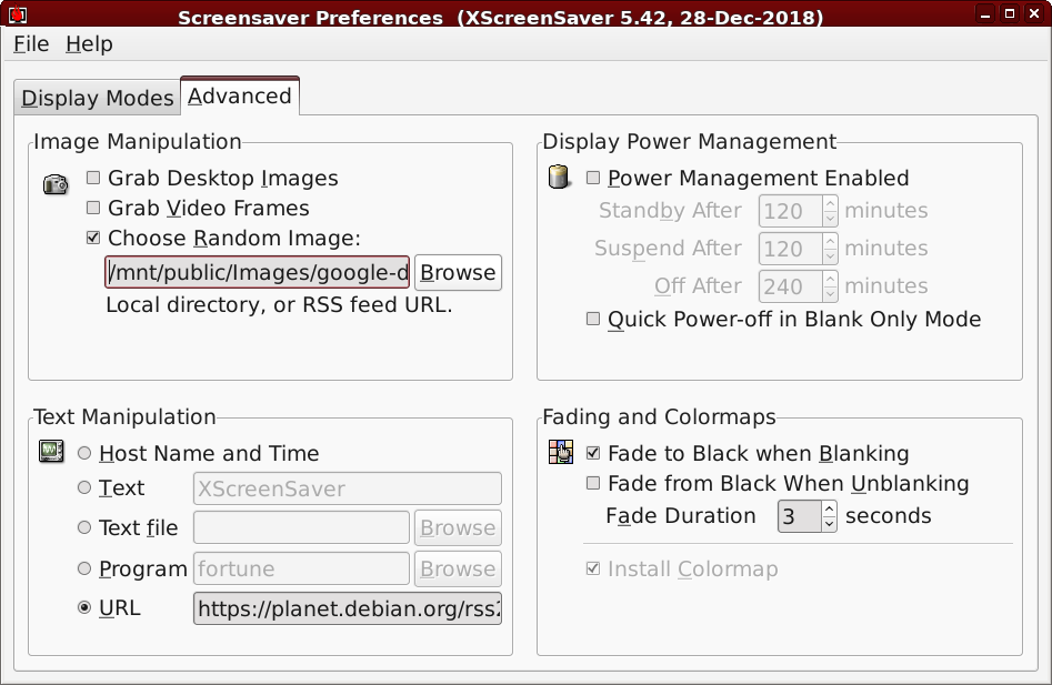 Xcreensaver settings on the advanced tab showing what directory to pull
random images from
