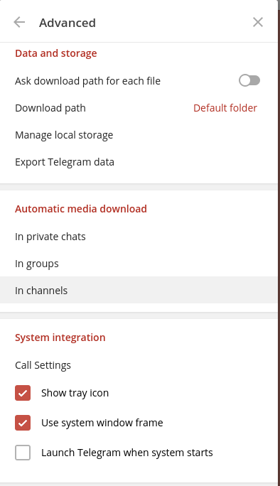 Screenshot of Telegram Desktop advanced
settings showing "Use system window frame"
checked.